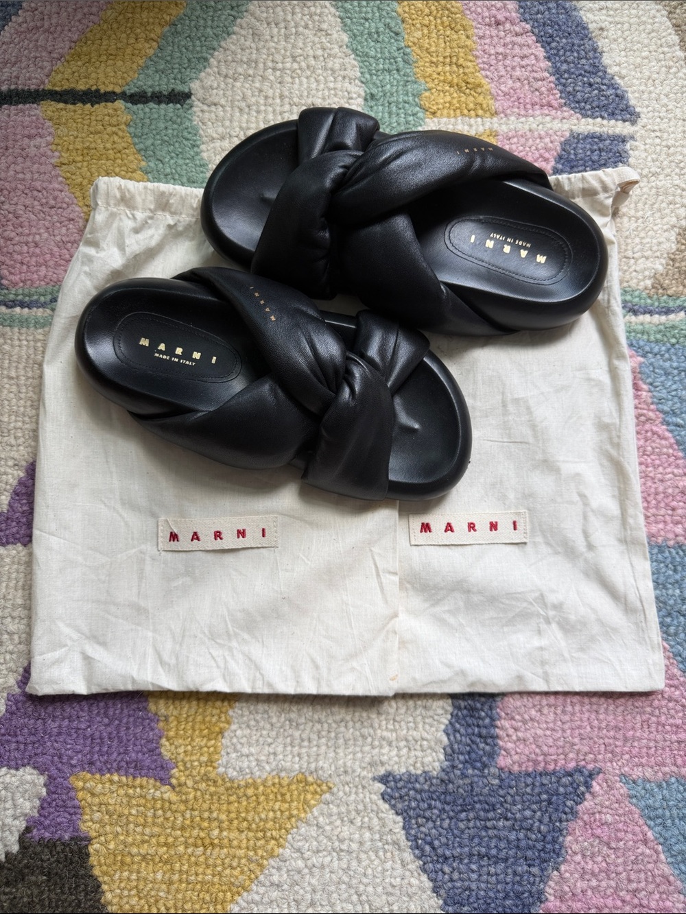 Marni Black Knotted Leather Slide Sandals - Picture 2 of 6